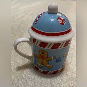 Gingerbread Man Coffee Mug With Lid Blue & White W/ Peppermint Stripes 6" Tall